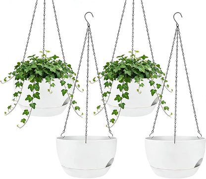 Set of 4-8 Inch Self Watering Hanging Planters for Indoor Outdoor，Hanging Plant Pots with Drainage & Removable Tray, Hanging Pots Holder for Ivy, Pothos, Ferns, Balcony & Patio, White