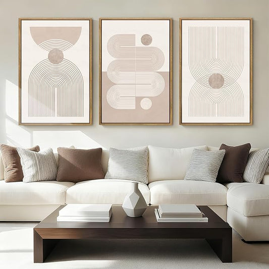 Anyzal Large Boho Framed Wall Art 16x24 Inch Beige Neutral Minimalist Canvas Pink Abstract Modern Geometric Artwork for Living Room Bedroom Dining room Set of 3