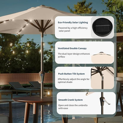 9FT Solar Umbrella 32 LED Lighted Patio Umbrella Table Market Umbrella w/Tilt and Crank, UV-Resistant Outdoor Umbrella for Pool, Garden, Deck, Beige