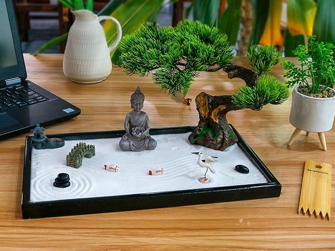 BangBangDa Japanese Zen Garden Kit for Desk - Meditation Rock Sand Garden for Birthday Gift Office Home Desktop Relaxation Decor Bamboo Rakes Bonsai Tree Pagoda Accessories Tools Kits