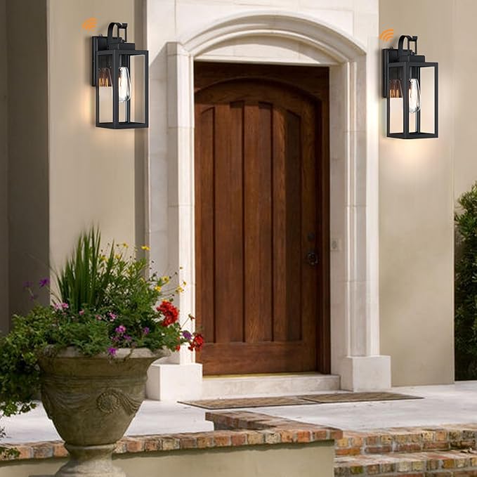 WISBEAM 13.7in Black Outdoor Wall Lantern, Dusk to Dawn Outdoor Wall Sconce, E26 Base 60W Max, Metal Housing Plus Glass, ETL Qualified, Bulbs not Included