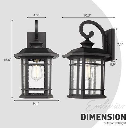 Emliviar Outdoor Wall Lights for House, 1-Light Exterior Wall Sconce Black Finish with Clear Seeded Glass, 17" Height, 22021M