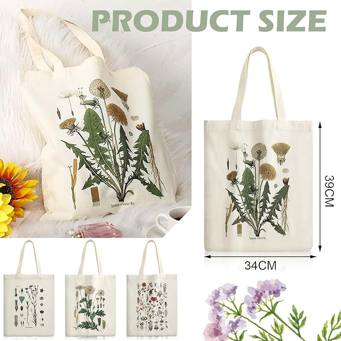 4 Pieces Floral Canvas Tote Bag for Women Book Club Gifts Cute Aesthetic Canvas Bags Bulk Flower Reusable Grocery Shopping Bag Aesthetic for Women