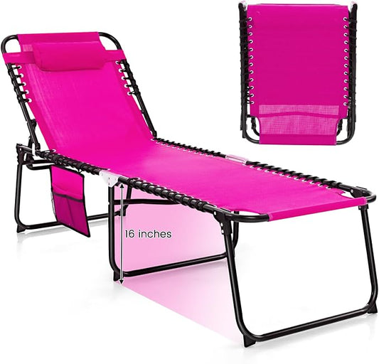 GYMAX Lounge Chairs for Outside, Extra High Folding Beach Tanning Lounger with 4-Level Adjustable Backrest, 2-Level Footrest & Removable Pillow, Sunbathing Lounge for Patio, Lawn, Poolside (1, Pink)