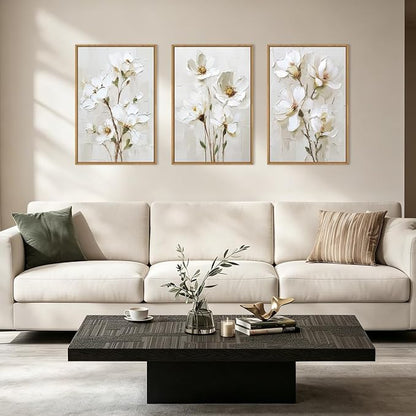 FWIEXA 3D Beige White Floral Canvas Wall Art Set 3,Texture Neutral Flower Framed Prints,Modern Abstract Aesthetic Botanical Paintings,16x24In Watercolor Minimalist Magnolia Artwork for Living Room,Bedroom,Office