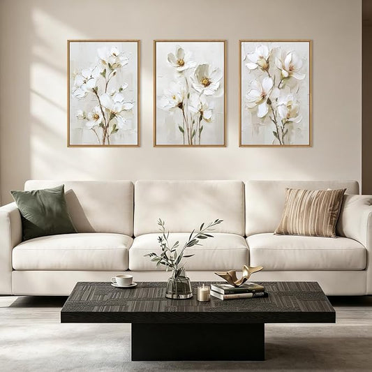 FWIEXA 3D Beige White Floral Canvas Wall Art Set 3,Texture Neutral Flower Framed Prints,Modern Abstract Aesthetic Botanical Paintings,16x24In Watercolor Minimalist Magnolia Artwork for Living Room,Bedroom,Office
