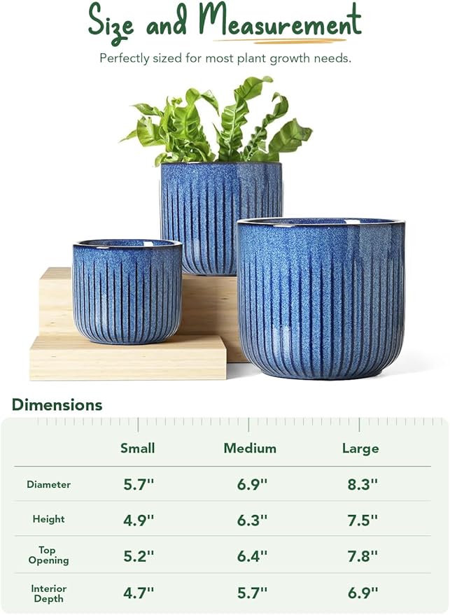 LE TAUCI Ceramic Plant Pots, 8.3/7/6 Inch Indoor Planters with Drainage Holes & Mesh, Modern Glossy Glaze Cylinder Fluted Flower Pot for Snake Plant, Set of 3, Harbor Blue