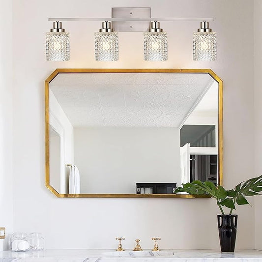 MELUCEE 4 Lights Brushed Nickel Vanity Light Modern Bathroom Light Fixtures with Hammered Glass Shade, Indoor Metal Wall Lights for Powder Room Hallway Kitchen, E26 Base