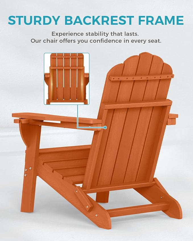 Adirondack Chairs Set of 4, Foldable Adirondack Chairs with 2 Cup Holder, Wood Texture HDPE Fire Pit Chairs, Outdoor Lawn Chair for Patio Garden, Orange