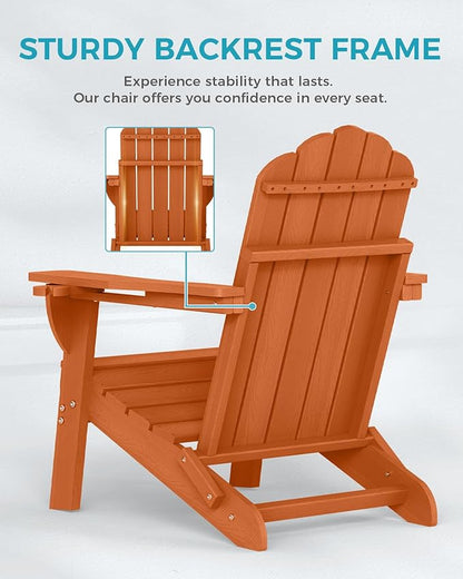 Adirondack Chairs Set of 4, Foldable Adirondack Chairs with 2 Cup Holder, Wood Texture HDPE Fire Pit Chairs, Outdoor Lawn Chair for Patio Garden, Orange