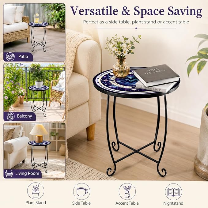 15 Inch Tall Patio Side Table, Small Patio Table for Outdoor Deck Porch Poolside, Ocean Wave Metal End Table, Rust Resistant Garden Stool Matches Mosaic Outdoor Side Table Decor