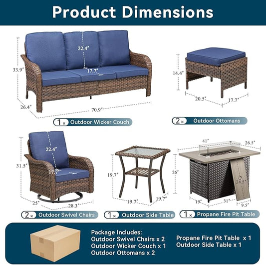 7 Pieces Patio Furniture Set with 42.5" Fire Pit Table-All Weather Wicker Outdoor Furniture with High Back Swivel Patio Chairs Set of 2 Outdoor Couch for Deck Balcony Backyard Brown/Blue
