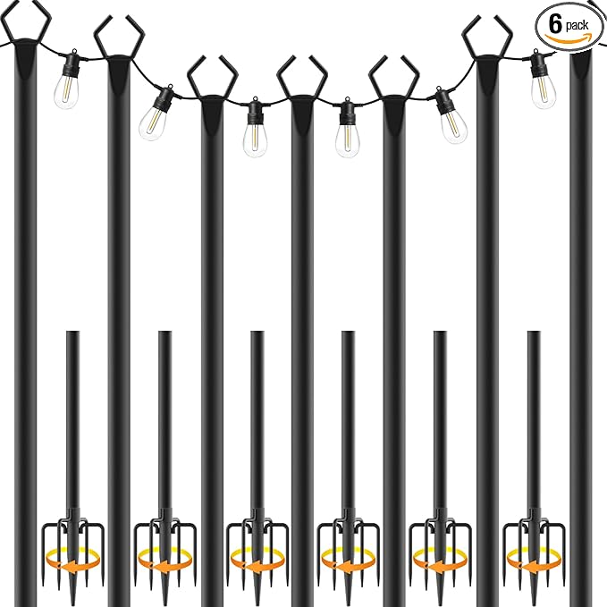 7 Pack 10 ft Heavy Duty Metal String Light Poles Adjustable Outdoor Lighting Stand for Patio,Backyard,Garden,Party & Wedding Rustproof & Sturdy with Hooks