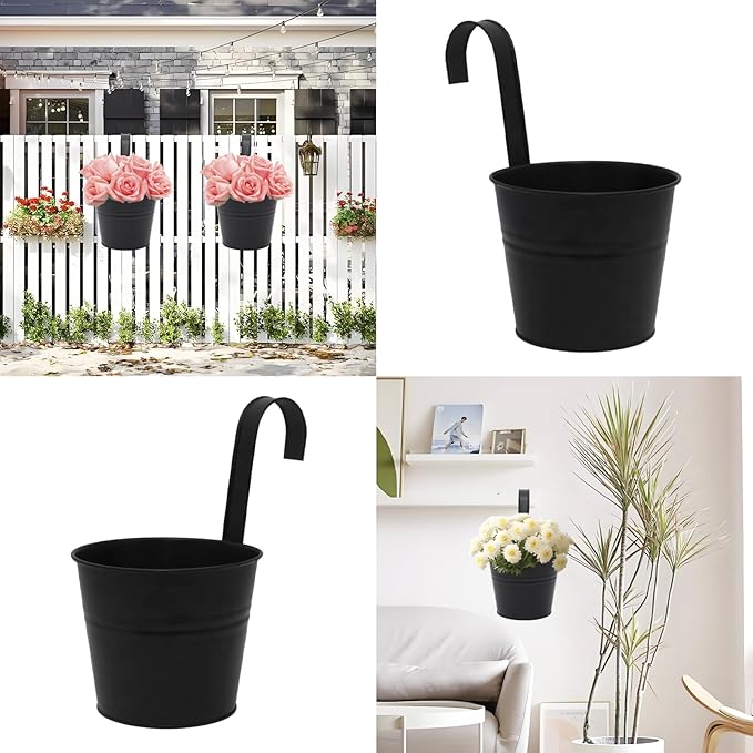 Hanging Planters Set of 2 - Small Modern Black Outdoor Pots with Sturdy Hooks, Space-Saving Design for Patio, Garden, Balcony - Durable Weather-Resistant Plant Containers