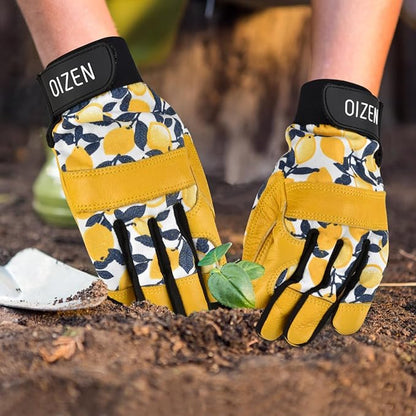 2 Pair Cowhide Leather Thorn Proof & Puncture Resistant Gardening Gloves for Women and Men, Touchscreen Compatible Working Gloves for Weeding, Digging, Planting, Gardening Gifts for Women (Medium)