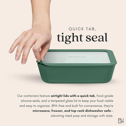 Glass Food Storage Container with Lid, 3-Cup Small Rectangle | Microwave-Safe Airtight Lid, Oven-Safe Ceramic-Coated Glass | Zero Plastic, No PFAS/PFOA/BPA, Reusable [Pine]