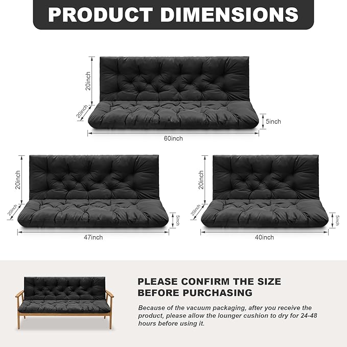 Porch Swing Cushions,Outdoor Cushions 3 Seater Replacement with Backrest, Waterproof Thickened Bench Cushion with Ties for Porch, Patio,Outdoor, Backyard and Garden (Black 60 * 40 in)