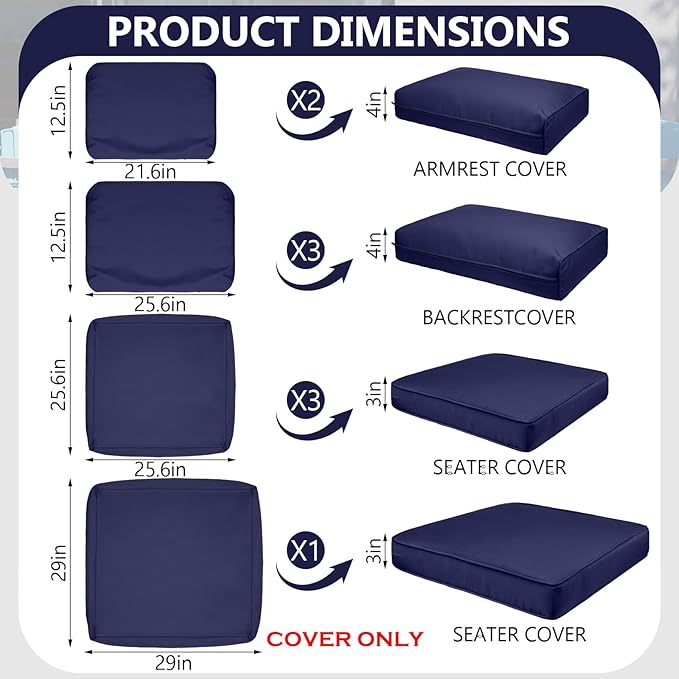 9 Piece Outdoor Patio Waterproof Cushion Covers, Fits 4-Seat Wicker Rattan Sectional Couch Chair Furniture Cover Replacement Set - Fade-Resistant Patio Cushion Covers with Zipper