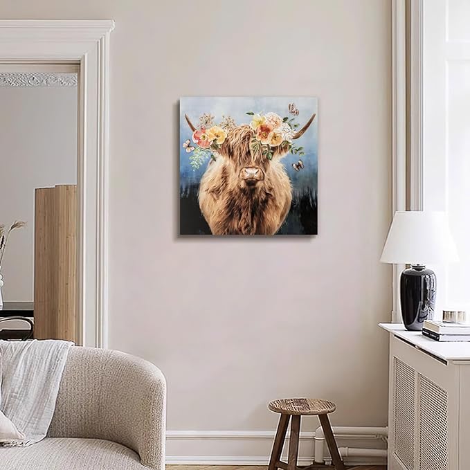 Hand-Painted Highland Cow Canvas Wall Art, Lovely Cow With Flower Wall Art, Farmhouse Animal Print Home Decor, 3D Mural Painting, Ready to Hang Bedroom Living Room Kitchen Bathroom Office, 24"X24"
