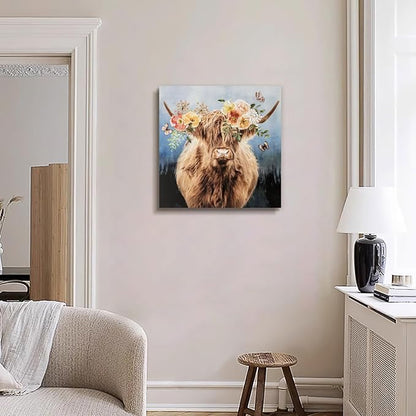 Hand-Painted Highland Cow Canvas Wall Art, Lovely Cow With Flower Wall Art, Farmhouse Animal Print Home Decor, 3D Mural Painting, Ready to Hang Bedroom Living Room Kitchen Bathroom Office, 24"X24"