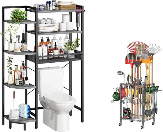 T1 Garden Tool Organizer（with Lockable Wheels） Storage UP to 50 Tools Heavy Duty 7-Tier Over The Toilet Storage（with Basket and Paper Hook） with Adjustable Feet