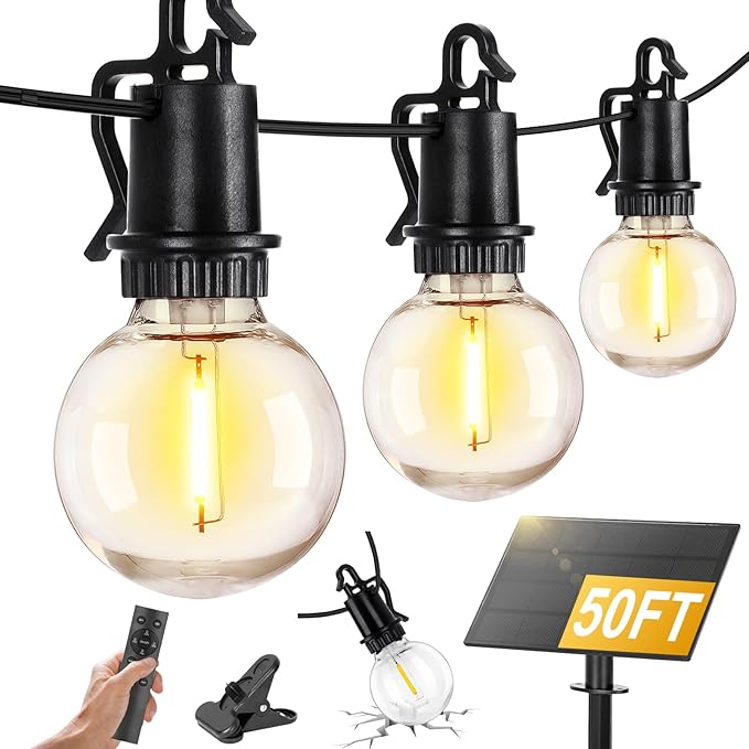 ZJOJO Solar Outdoor String Lights Waterproof, 50FT G40 Globe Patio Lights String Lights Solar Powered with 25 Edison Bulbs 2700K Shatterproof Hanging Lights for Porch Backyard Pergola Bistro