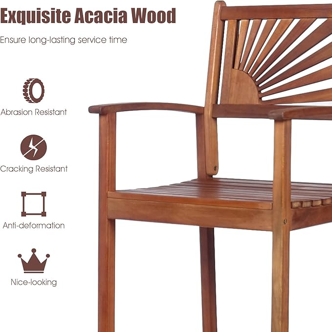 COSTWAY Bar Stools Set of 2, Outdoor Acacia Wood Bar Chairs with Sunflower Backrest, Curved Armrests & Breathable Seat, Ideal for Balcony, Sunroom, Patio, Easy Assembly