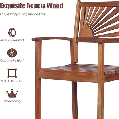 COSTWAY Bar Stools Set of 2, Outdoor Acacia Wood Bar Chairs with Sunflower Backrest, Curved Armrests & Breathable Seat, Ideal for Balcony, Sunroom, Patio, Easy Assembly