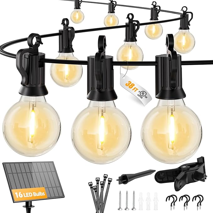 Brightown 38FT Solar String Lights Outdoor with USB Charging & 16 LED Shatterproof Bulbs, Solar Patio String Lights Outdoor for Cafe Garden Deck Outside Wedding - Last for 20Hrs+