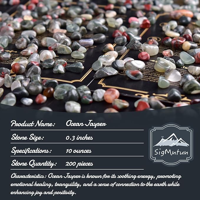 Polished Ocean Jasper Crystal Chips 200 Pcs - 0.3" 10 oz Tumbled Stone Chips Crushed Sea Glass Stones Healing Reiki Crystal Making Home Decoration,0.3" inches