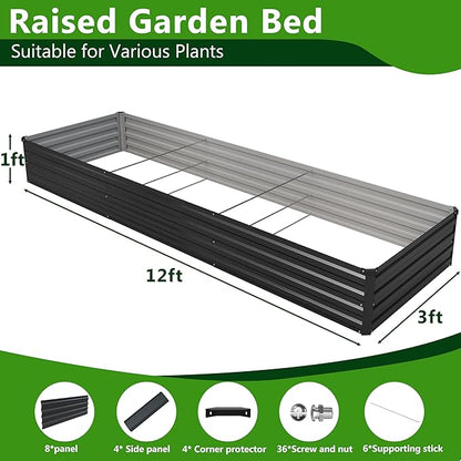 2PCS 12x3x1ft Galvanized Raised Garden Bed,Outdoor Planter Box Metal Patio Kit Planting Bed for Vegetables Flowers Herb,Black