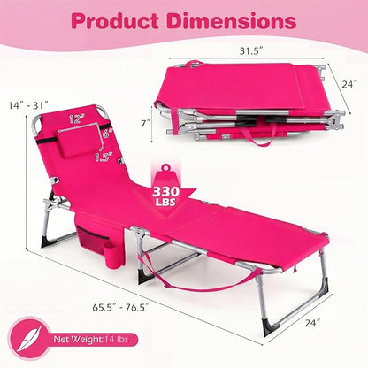 Giantex Tanning Chair, 330Lbs Patio Lounge Chair with 5 Adjustable Position, Face & Arm Hole, Hand/Shoulder Strap, Removable Pillow, Side Pocket, Chaise Lounger for Beach Sunbathing Outdoor, Pink