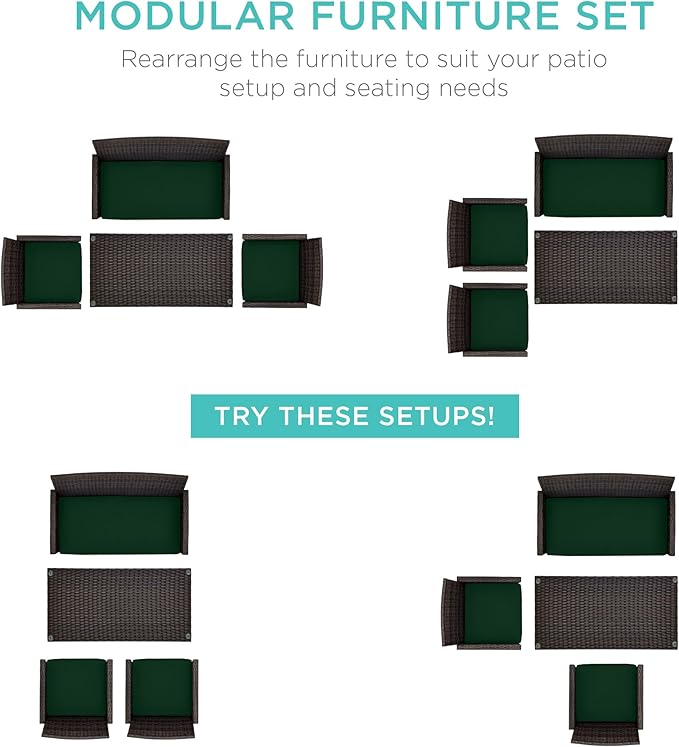 Best Choice Products 4-Piece Outdoor Wicker Patio Conversation Furniture Set for Backyard w/Coffee Table, Seat Cushions - Brown/Midnight Green