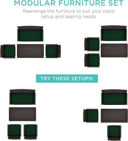 Best Choice Products 4-Piece Outdoor Wicker Patio Conversation Furniture Set for Backyard w/Coffee Table, Seat Cushions - Brown/Midnight Green