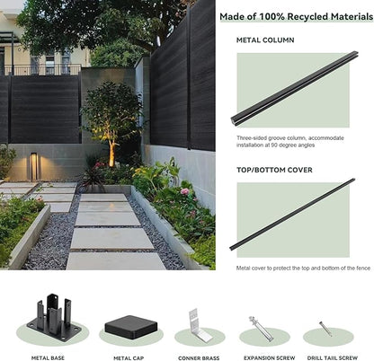 Mondaria Privacy Fence Panels for Outside,6ft(W) x 6ft(H) Outdoor Privacy Panels with 1 Post,Wind Resistant Wood Plastic Composite Fencing Panels for Patio,Backyard,Garden and Swimming Pool(Black)