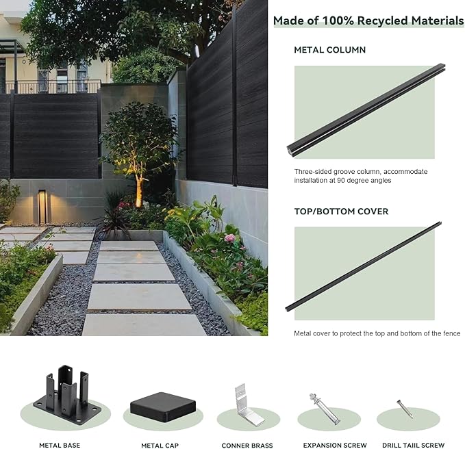 Mondaria Privacy Fence Panels for Outside,6ft(W) x 6ft(H) Outdoor Privacy Panels with 2 Posts,Wind Resistant Wood Plastic Composite Fencing Panels for Patio,Backyard,Garden and Swimming Pool(Black)