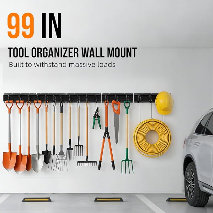 FAHKNS Garage Tool Organizer Wall Mount 99 Inch, Heavy Duty Garage Storage Rack with Adjustable Hooks, Large Capacity Garden Tool Organizer for Garage Organization, Workshop, Shed