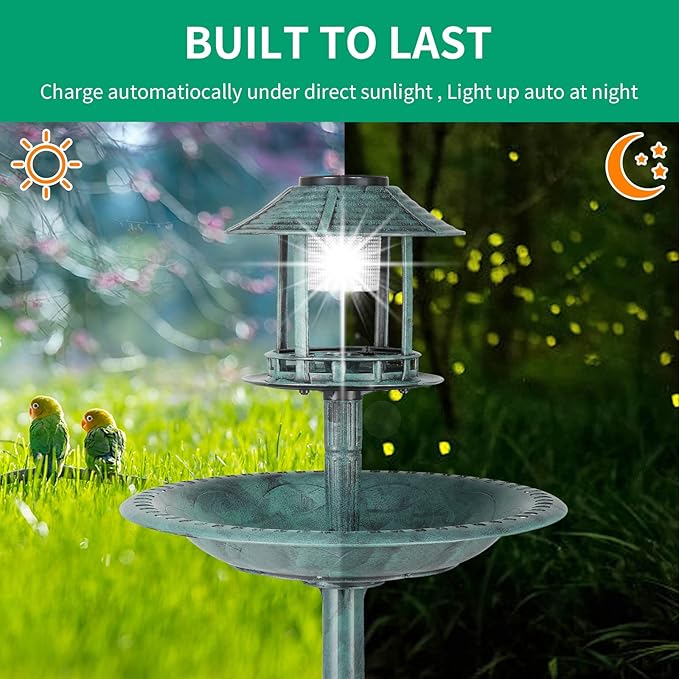 Outvita Outdoor Bird Bath, Garden Bird Baths Decorations with Solar-Powered Lamp and Resin Pedestal Flower Planter Base Bird Feeder for Yard Patio