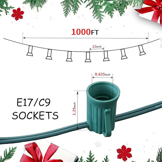 LUCKY TL 1000 FT C9/E17 Christmas Light Sockets Spool Set, Green SPT-1 Wire, 12 Inch Spacing, C9 Outdoor String Lights, UL Listed