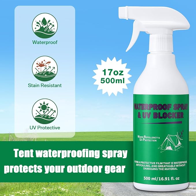 Tent Waterproofing Spray Outdoor, 17oz Waterproof UV Protection Stain Resistant Gear Fabrics Water Repellent Spray for Camping, Hiking, Daily Use