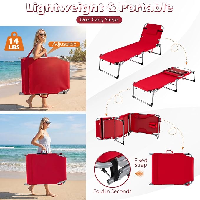 GYMAX Tanning Chair, 3 in 1 Sun Bathing Lounge Chairs with Face/Arm Holes & Side Pocket, Portable Lightweight Face Down Layout Tanning Chair for Outside, Beach, Backyard, Poolside (2, Red)