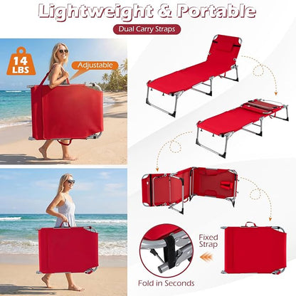 GYMAX Tanning Chair, 3 in 1 Sun Bathing Lounge Chairs with Face/Arm Holes & Side Pocket, Portable Lightweight Face Down Layout Tanning Chair for Outside, Beach, Backyard, Poolside (1, Red)