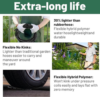 Short Garden Hose 10 ft x 5/8 in Male to Female Heavy Duty Small Water Hose Extend Connector, Lightweight Rubber Hybrid Leader Hose, Leak-Free Connections, BT10B, Black