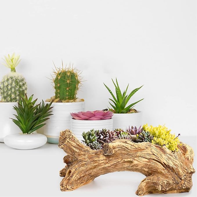 Artificial Driftwood Planter, Resin Tree Root Stump Succulent Pot with Drainage Hole, Vintage Log Shape Container for Cactus Herbs, Rustic Home Garden Decoration (14.6 Inch)