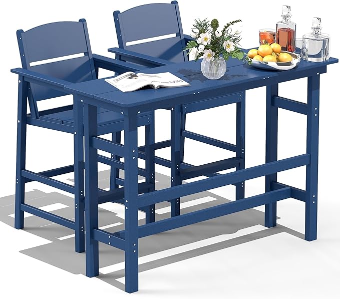 FOOWIN 3 Piece Outdoor Bar Height Table and Chairs, All Weather HDPE Patio Bar Set Outdoor Bistro Set,Adirondack Bar Chairs Set of 2 Outdoor Furniture for Bistro, Poolside, Backyard Navy Blue