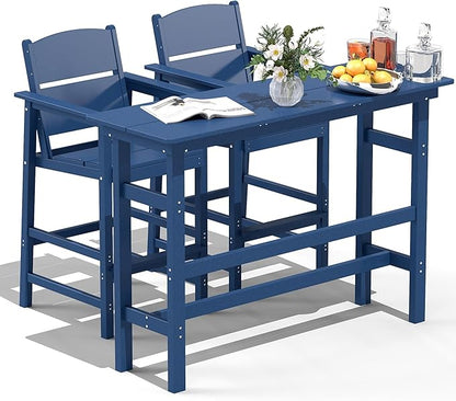 FOOWIN 3 Piece Outdoor Bar Height Table and Chairs, All Weather HDPE Patio Bar Set Outdoor Bistro Set,Adirondack Bar Chairs Set of 2 Outdoor Furniture for Bistro, Poolside, Backyard Navy Blue