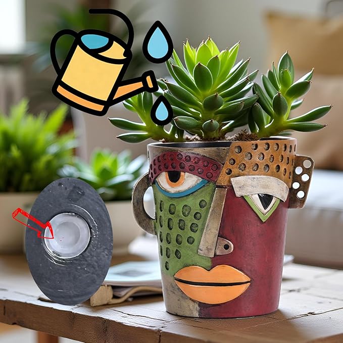 XMGZQ Abstract Cubism Face Planter,Pop Art Sculpture & Vase Decor,Unique Picasso Style Flower Pot,for 4-6 Inch Succulents & Houseplants,Drainage Hole Included,Statement Gift (Rustic)