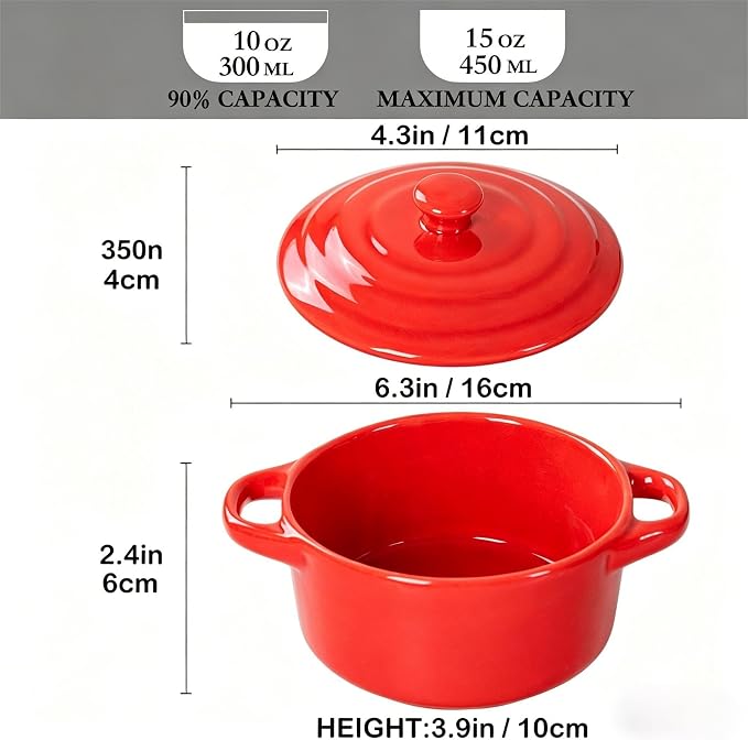Mini Cocotte Set of 4, 15 oz Ceramic Mini Dutch Ovens with Lids and Handles, Small Casserole Dishes for Baking, Soufflé and Baked Desserts, Oven Microwave Dishwasher Safe, Red