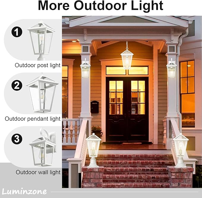 Outdoor Pendant Light Fixture, Exterior Hanging Pendant Lights for Porch, Outside Chandelier Ceiling Mount Aluminum with Clear Glass for Entryway Doorway Gazebo Patio Foyer, White