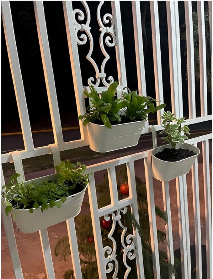 3 Pack Metal Iron Plant Pot Holders Balcony Garden Plant Planter Baskets Fence Bucket Pot Bucket Flower Holders Wall Hanging Decor Pot with Detachable Hooks